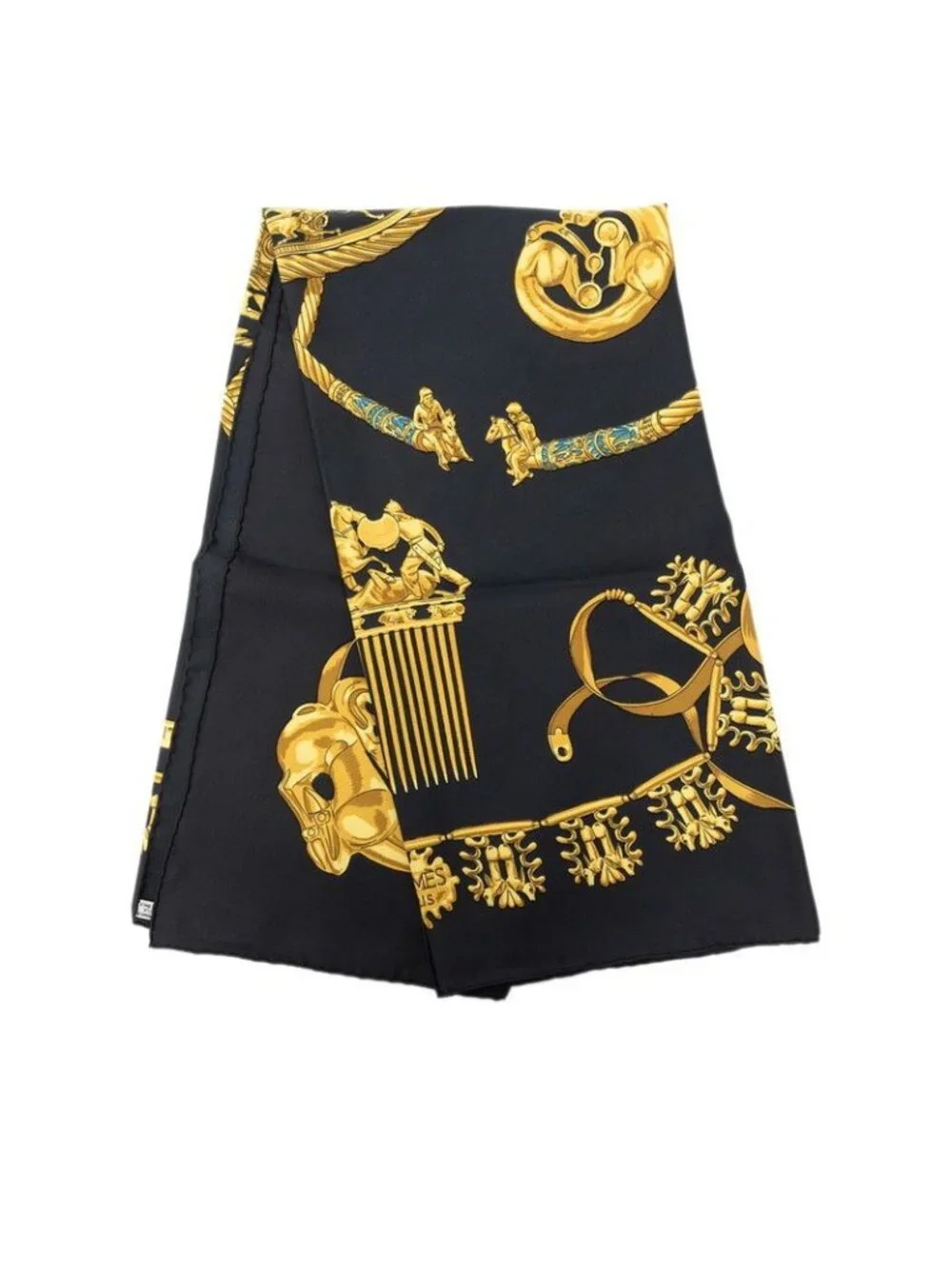 Hermes les Cavaliers D'or Yellow Gold Knight Scarf Black Silk